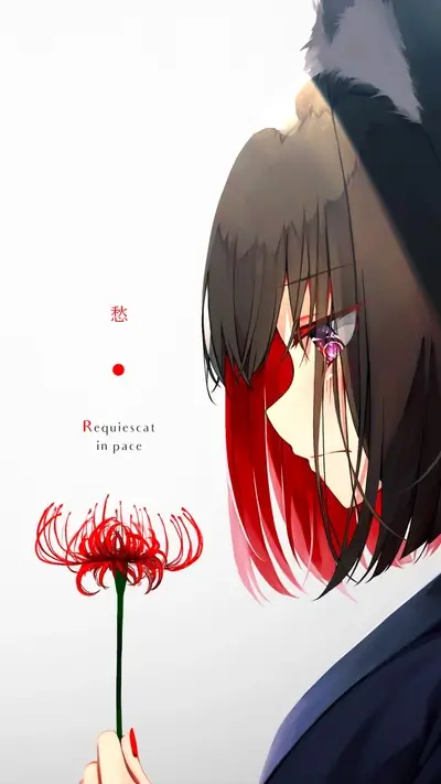 A girl with red hair holding a red spider lily