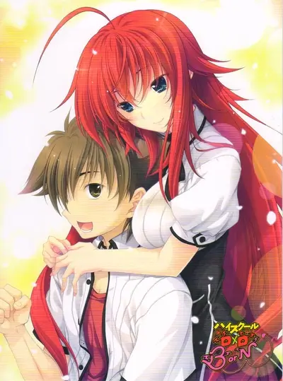 A girl with red hair hugs a boy from behind