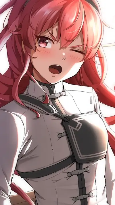 A girl with red hair, wearing a white uniform