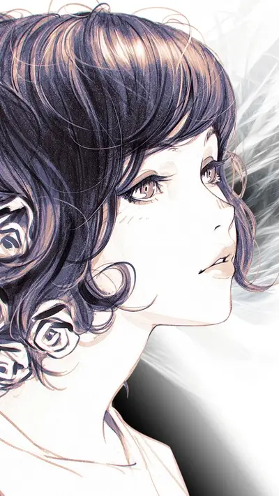 A girl with short, curly hair and roses