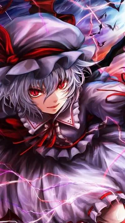 A girl with silver hair and red eyes, surrounded by purple lightning