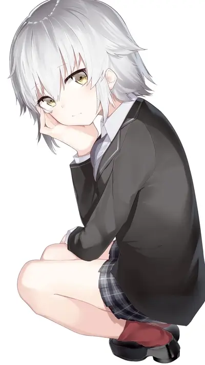 A girl with silver hair sits, hand on her chin