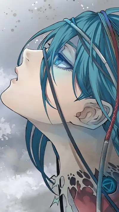 A girl with teal hair looks up, artistic style