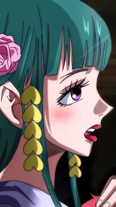 A girl with teal hair, pink flower, and gold earrings
