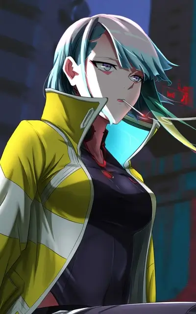 A girl with teal hair smoking in a yellow jacket