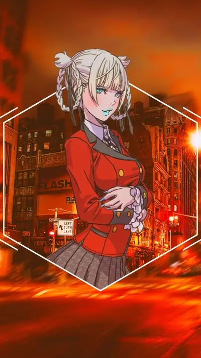 A girl with vibrant turquoise lips against a city backdrop engulfed in an orange haze