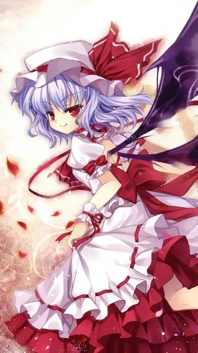 A girl with white and red dress and dark wings