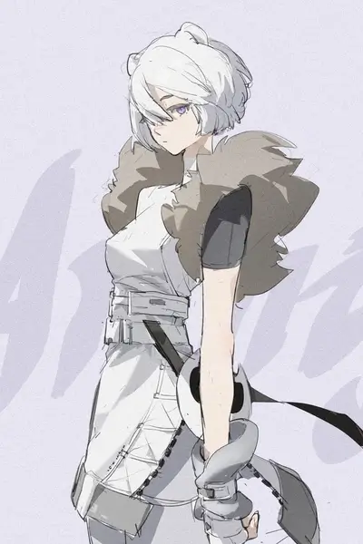 A girl with white hair and a greyish outfit