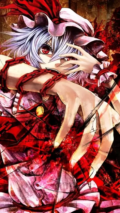 A girl with white hair and red clothing, hands raised