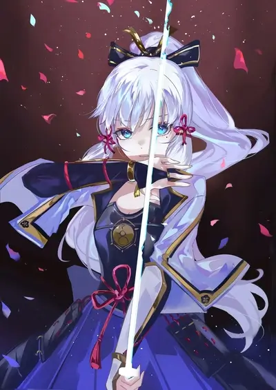 A girl with white hair holds a glowing sword