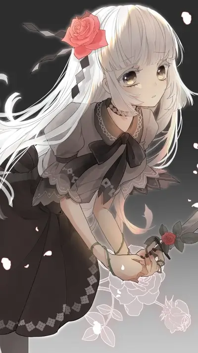A girl with white hair holds a sword, roses adorn her