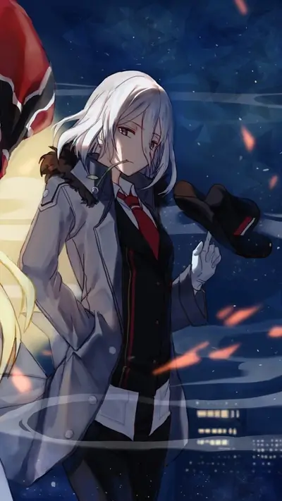 A girl with white hair in a gray coat holds a hat