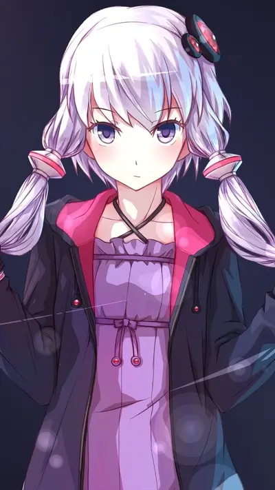 A girl with white hair, wearing a dark jacket and purple dress