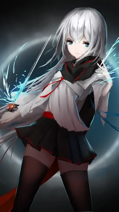 A girl with white hair wielding a glowing blue weapon