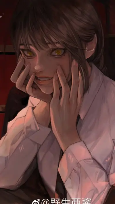 A girl with yellow eyes smiles while covering her mouth