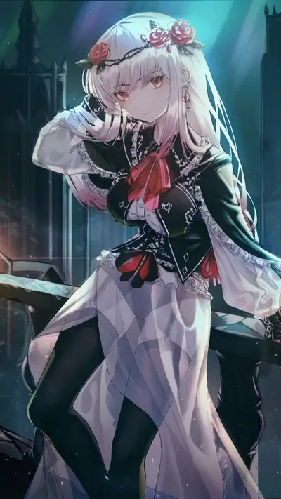 A gothic lolita girl poses dramatically