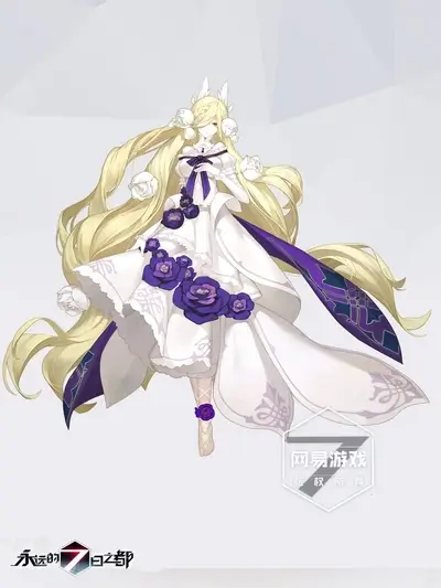 A graceful female character in a flowing white dress