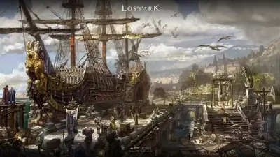 A grand galleon docked at a bustling harbor city