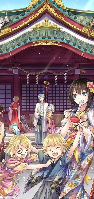 A group of children in kimonos celebrating at a Japanese shrine