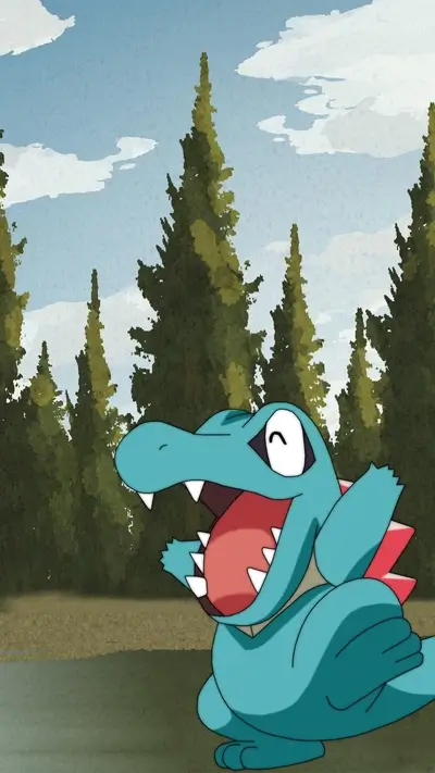 A happy cartoon crocodile in a forest