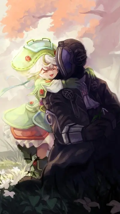 A heartwarming embrace under a blossoming tree