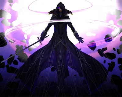 A hooded figure wielding a sword, surrounded by purple energy