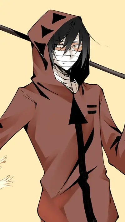 A hooded figure with a weapon slung over shoulder
