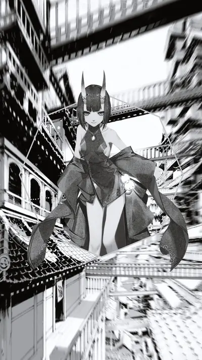 A horned girl in a dark dress stands in a monochrome city