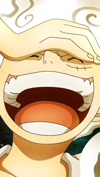 A joyful expression, partially obscured by a hand