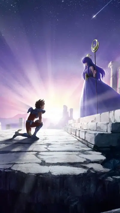 A kneeling figure gazes at a regal woman under a starry sky