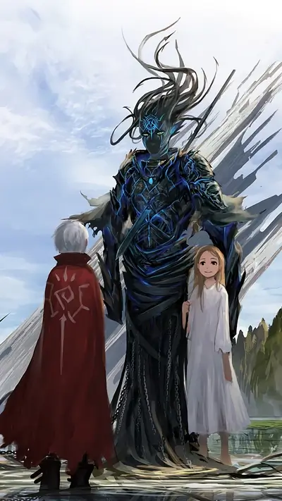A large dark figure stands with two children