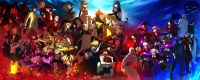A large group of characters in elaborate costumes