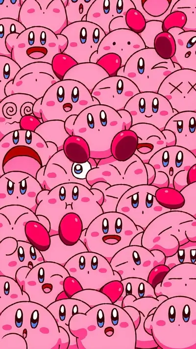 A large group of pink characters with various expressions
