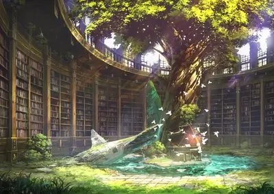 A library overgrown by nature, a piano, and a crashed aircraft