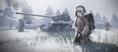 A lone female soldier walks through a snowy battlefield