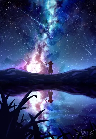 A lone figure gazes at a vibrant night sky
