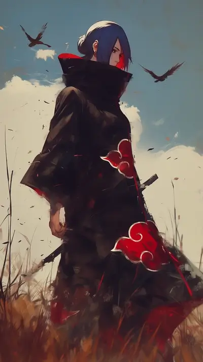 A lone figure in a dark robe stands in a field