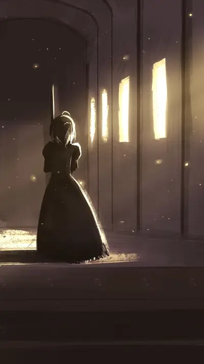 A lone figure in a dimly lit hallway