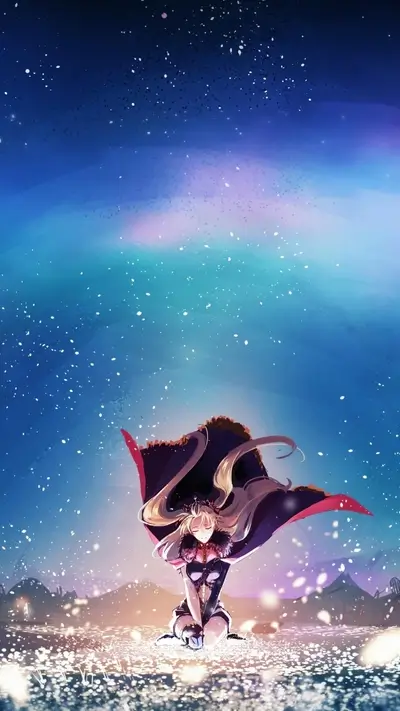 A lone figure in a flowing cape, kneeling amidst glowing particles
