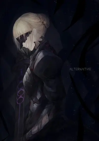A lone figure in dark armor, holding a sword