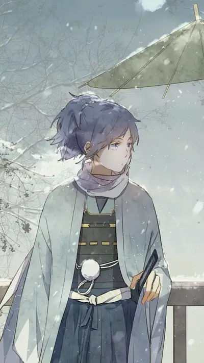 A lone figure in traditional garb, under a winter sky
