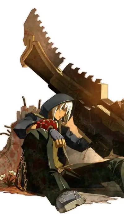 A lone figure rests against a large weapon amidst ruins