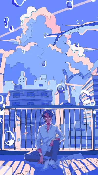A lone figure sits on a balcony overlooking a city