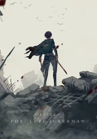 A lone figure stands amidst rubble, swords drawn