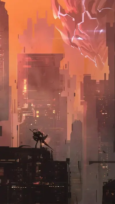A lone figure stands atop a futuristic cityscape
