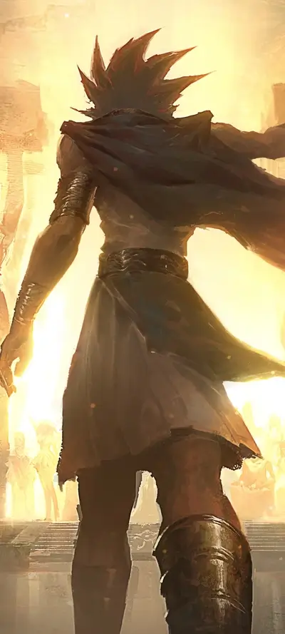 A lone figure stands before a bright light, facing away
