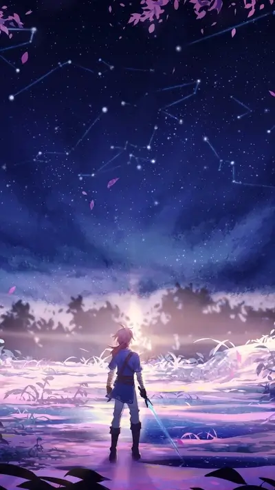 A lone figure stands before a tranquil body of water under a starry sky