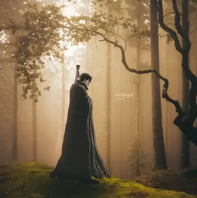 A lone figure stands in a misty forest
