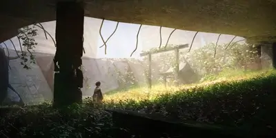 A lone figure stands in overgrown ruins