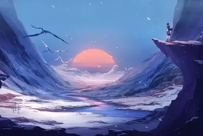 A lone figure stands on a cliff overlooking a snowy valley